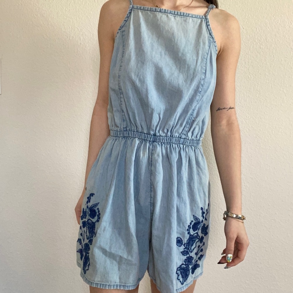 Faux denim embroidered romper